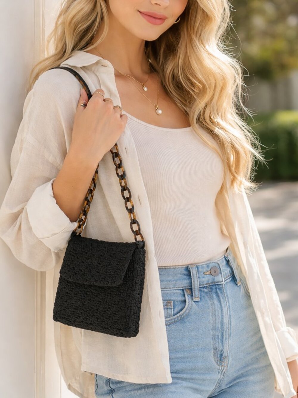 The Sak Black Crochet Shoulder Bag Mini Purse Resin Chain Strap Y2K Boho